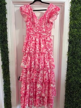 Pink Floral Tiered V-Neck Maxi Dress